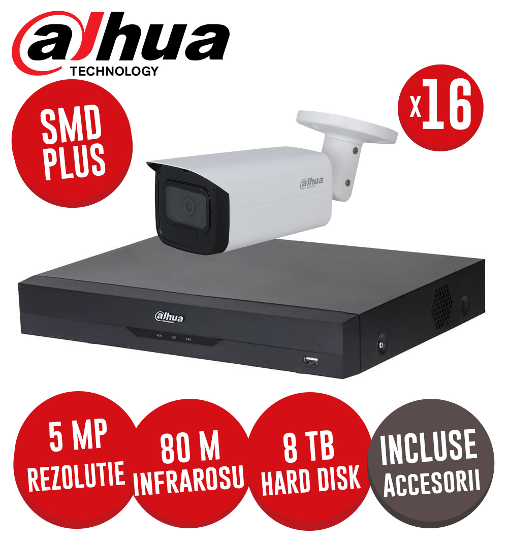 Sistem complet DVR 16 canale 4K, 16 camere 5MP, Microfon, IR 80m, SMD+, accesorii, UTP - KIT282