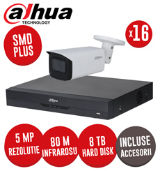 Sistem complet DVR 16 canale 4K, 16 camere 5MP, Microfon, IR 80m, SMD+, accesorii, coaxial- KIT375