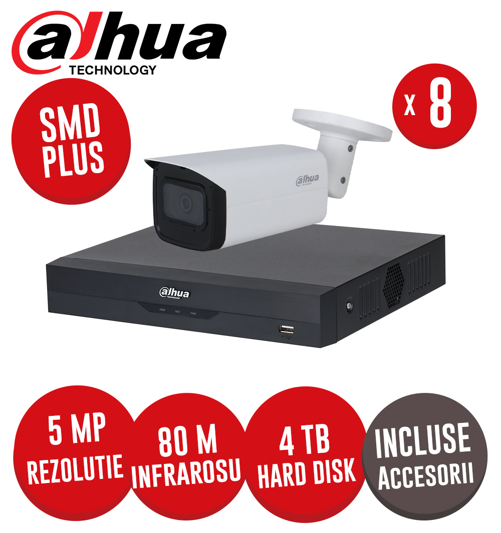 Sistem complet DVR 8 canale 4K, 8 camere 5MP, Microfon, IR 80m, accesorii, cablu UTP - KIT283