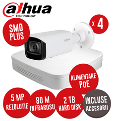 Sistem complet NVR 4 canale IP, 4x PoE, 4 camere IP 5 MP, 2TB HDD, accesorii, SMD+ - KIT287