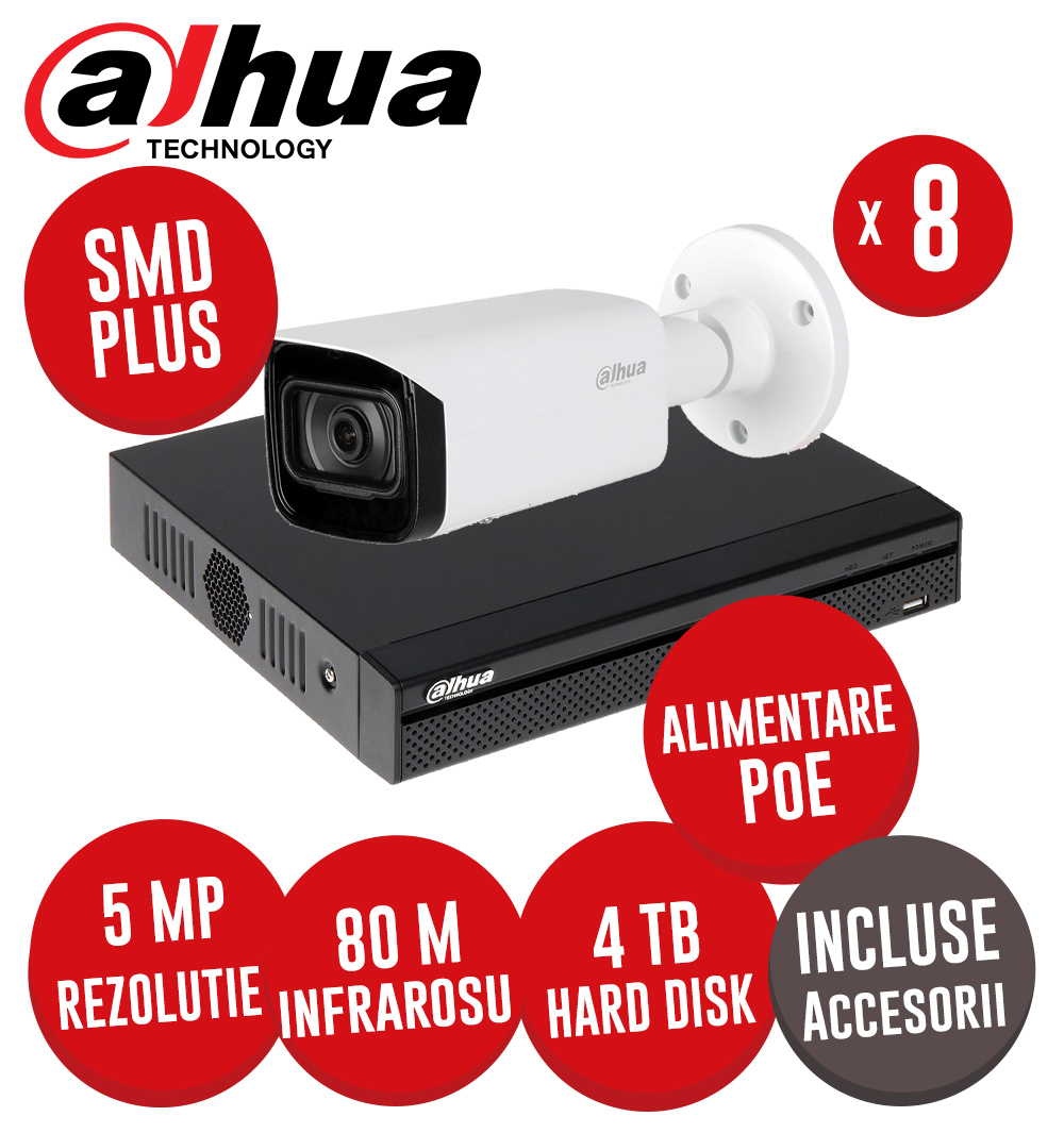 Sistem complet NVR 8 canale IP, Switch 8x PoE, 8 camere IP 5 MP, 4TB HDD, accesorii, SMD+ - KIT288