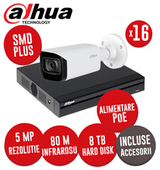 Sistem NVR 16 canale IP, 8x PoE, Switch 8x PoE, 16 camere IP 5 MP, 8TB HDD, accesorii, SMD+ - KIT290