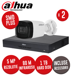 Sistem complet DVR 4 canale 4K, 2 camere 5MP, Microfon, IR 80m, SMD+, accesorii, coaxial - KIT363