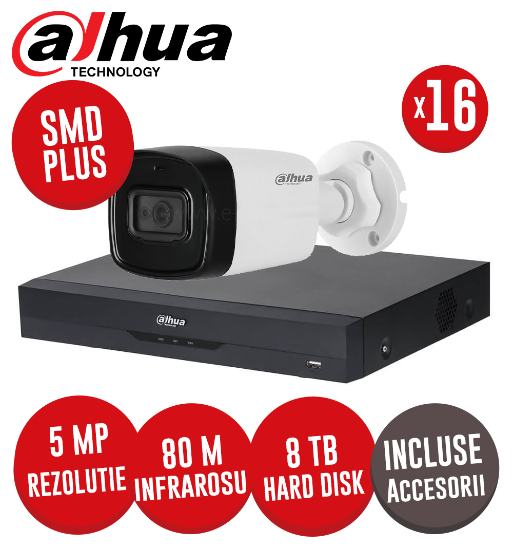 Sistem complet DVR 16 canale 4K, 16 camere 5MP, Microfon, IR 80m, accesorii, cablu UTP - KIT292