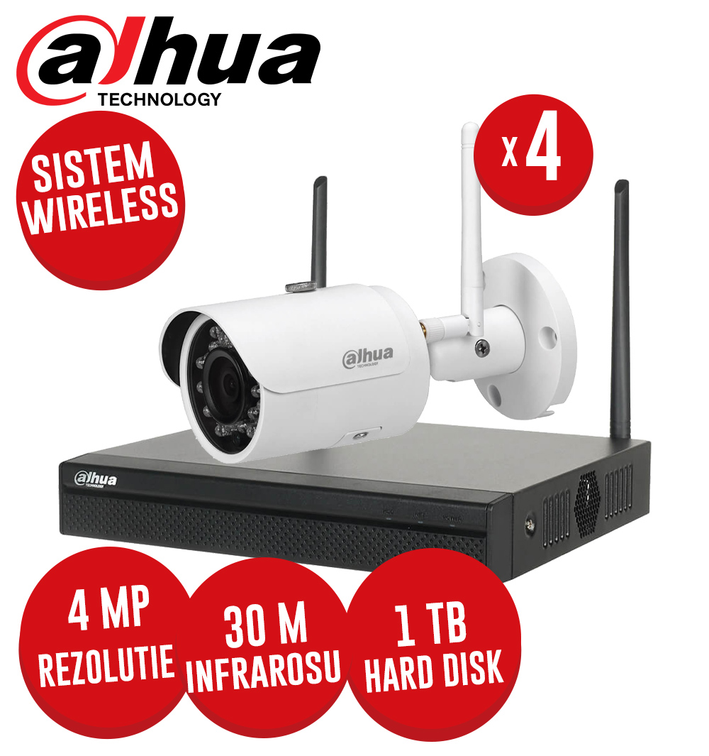 Kit Wifi 4 camere Wireless 4 MP, IR 30m + NVR Wireless 4 canale, Hard Disk 1TB - Dahua KIT297