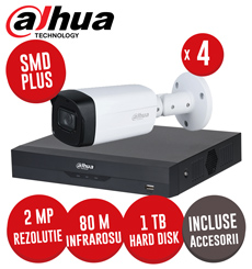 Sistem complet DVR 4 canale 5MP, 4 camere 2MP, IR 80m, Hard 1TB, accesorii, cablu UTP - KIT306