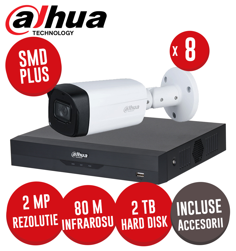 Sistem complet DVR 8 canale 5MP, 8 camere 2MP, IR 80m, Hard 2TB, accesorii, cablu coaxial - KIT353