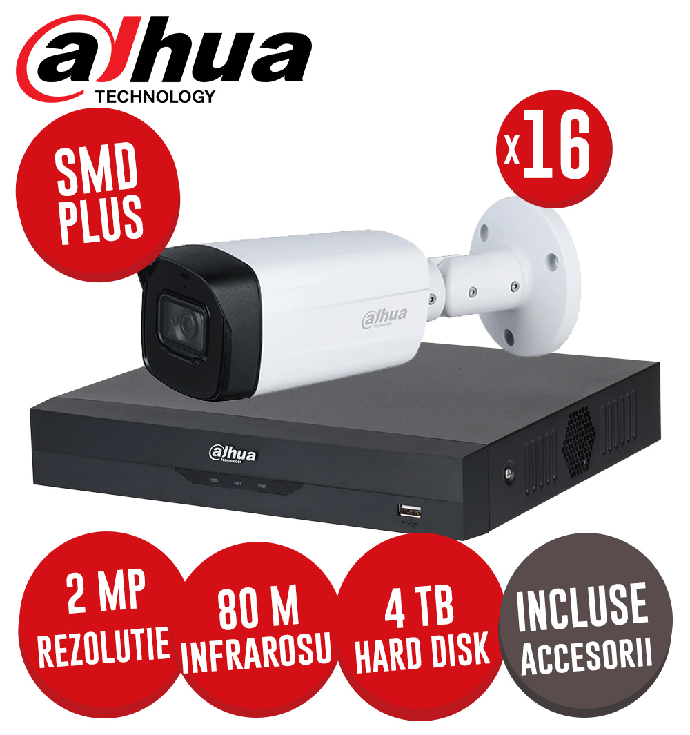 Sistem complet DVR 16 canale 5MP, 16 camere 2MP, IR 80m, Hard 4TB, accesorii, cablu UTP - KIT308