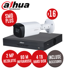 Sistem complet DVR 16 canale 5MP, 16 camere 2MP, IR 80m, Hard 4TB, accesorii, cablu UTP - KIT308