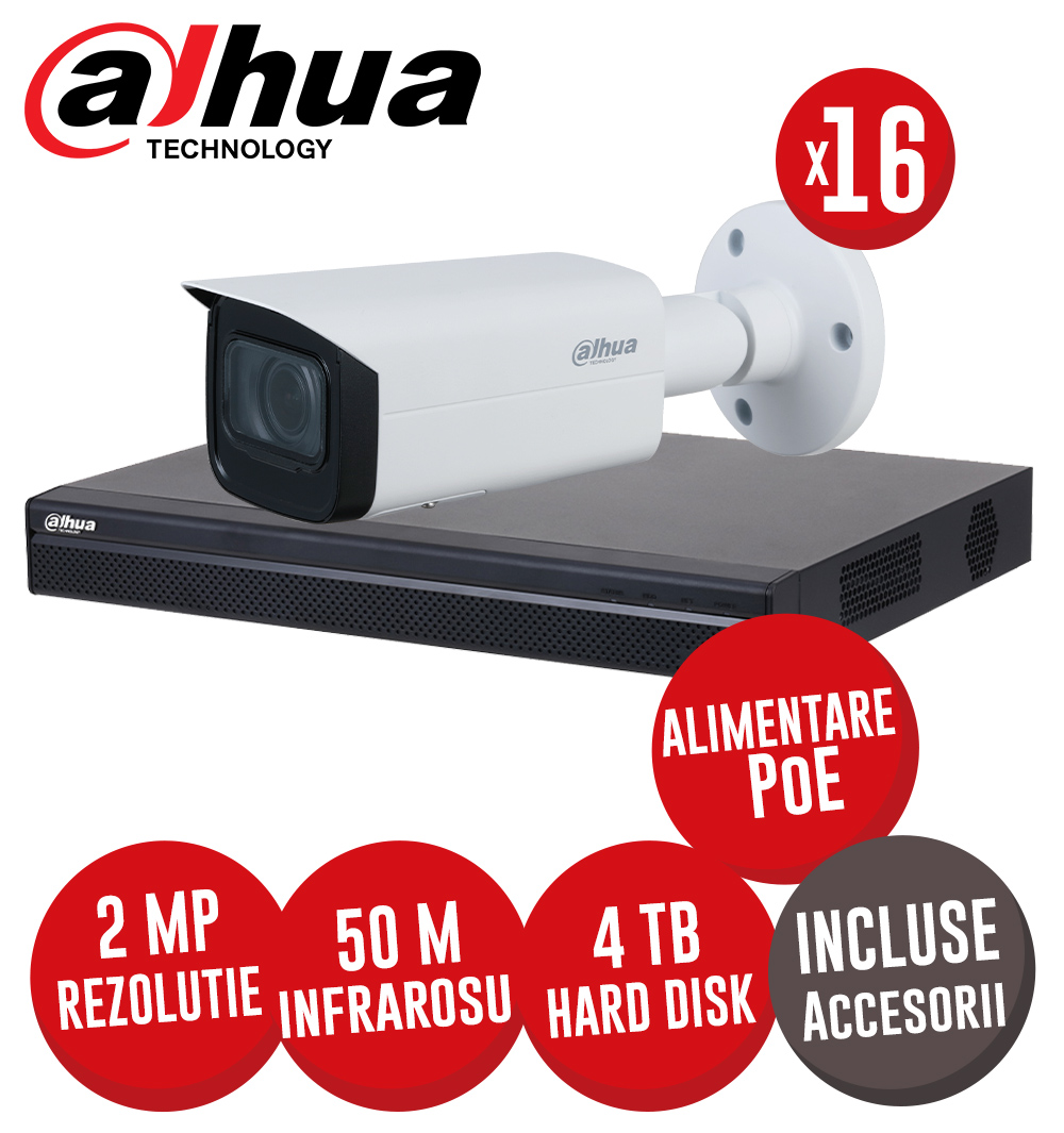 Sistem complet NVR 16 canale PoE, 16 camere IP de 2 MP, Zoom Motorizat, 4TB HDD, accesorii - KIT313