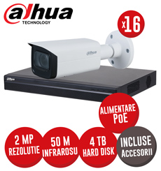 Sistem complet NVR 16 canale PoE, 16 camere IP de 2 MP, Zoom Motorizat, 4TB HDD, accesorii - KIT313