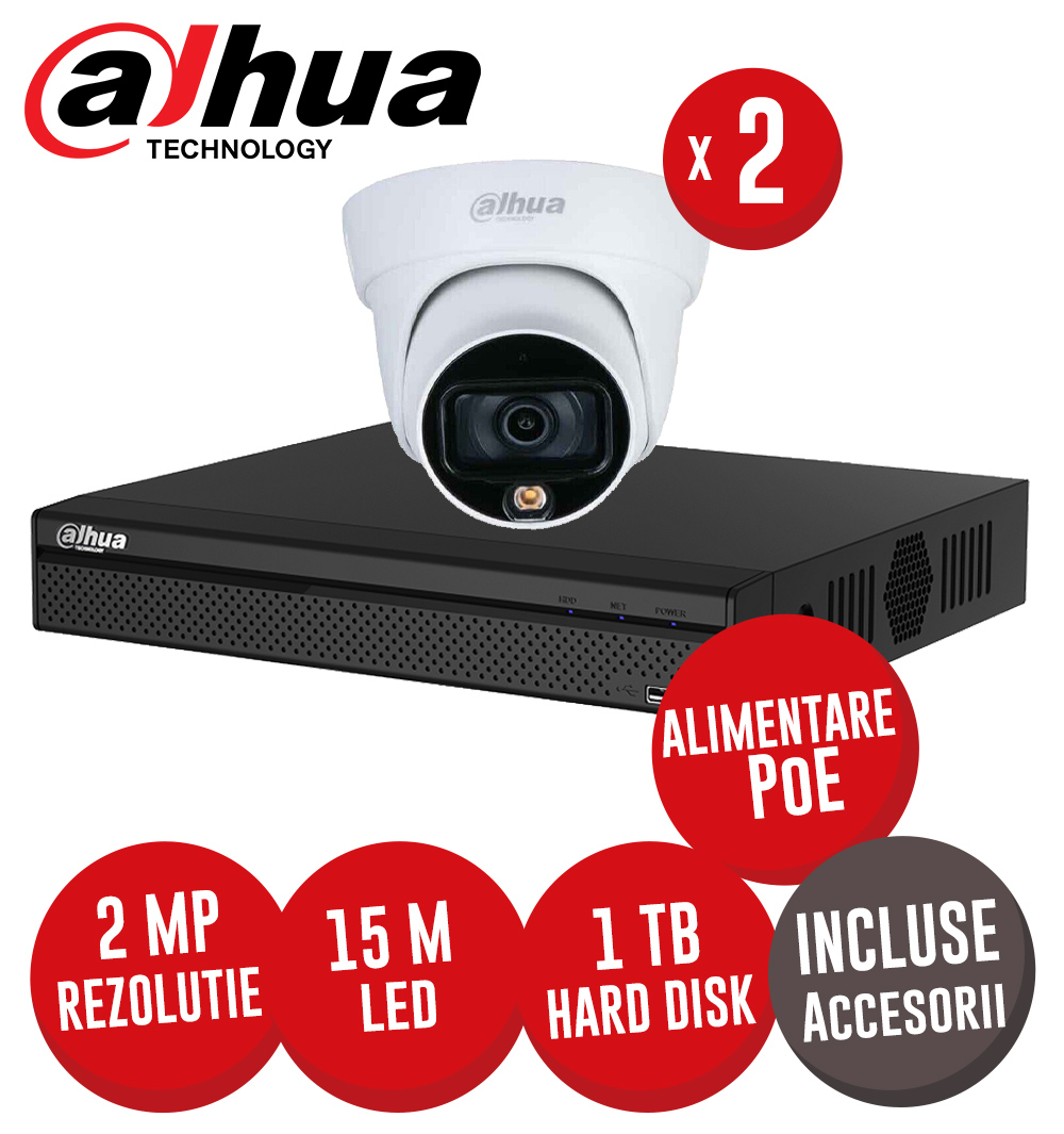 Sistem complet NVR 4 canale PoE, 2 camere IP 2 MP, FullColor, accesorii, HDD 1TB - KIT314