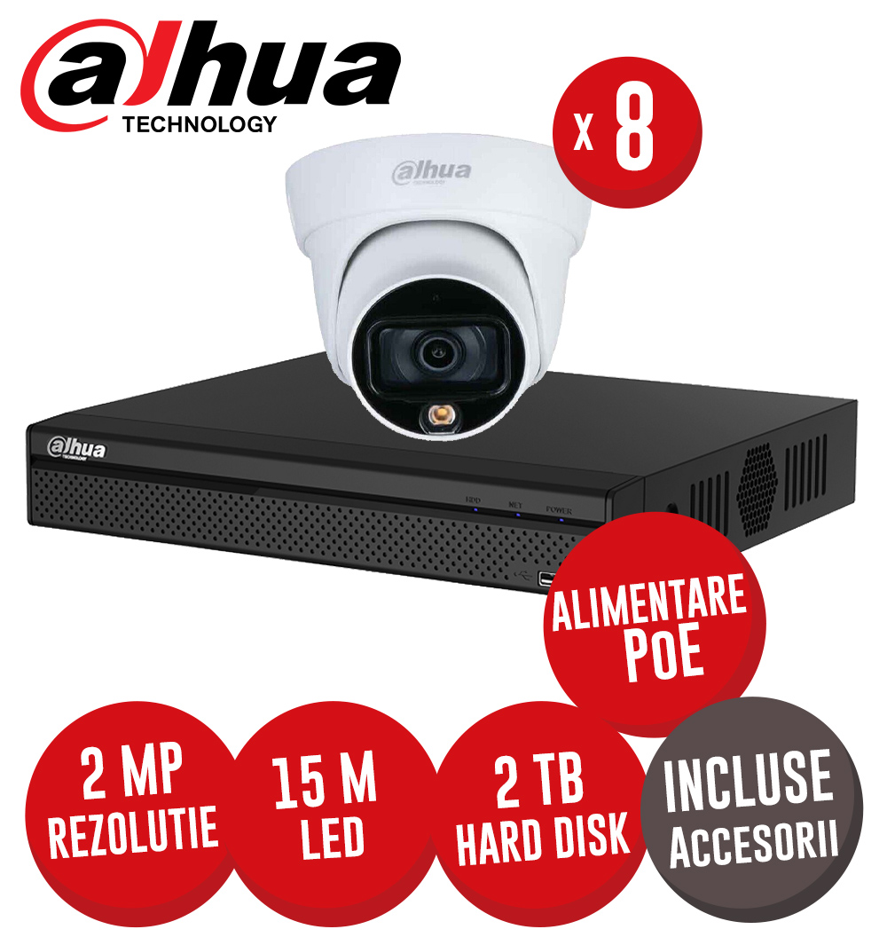 Sistem complet NVR 8 canale PoE, 8 camere IP 2 MP, FullColor, accesorii, HDD 2TB - KIT316