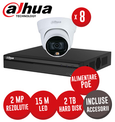 Sistem complet NVR 8 canale PoE, 8 camere IP 2 MP, FullColor, accesorii, HDD 2TB - KIT316