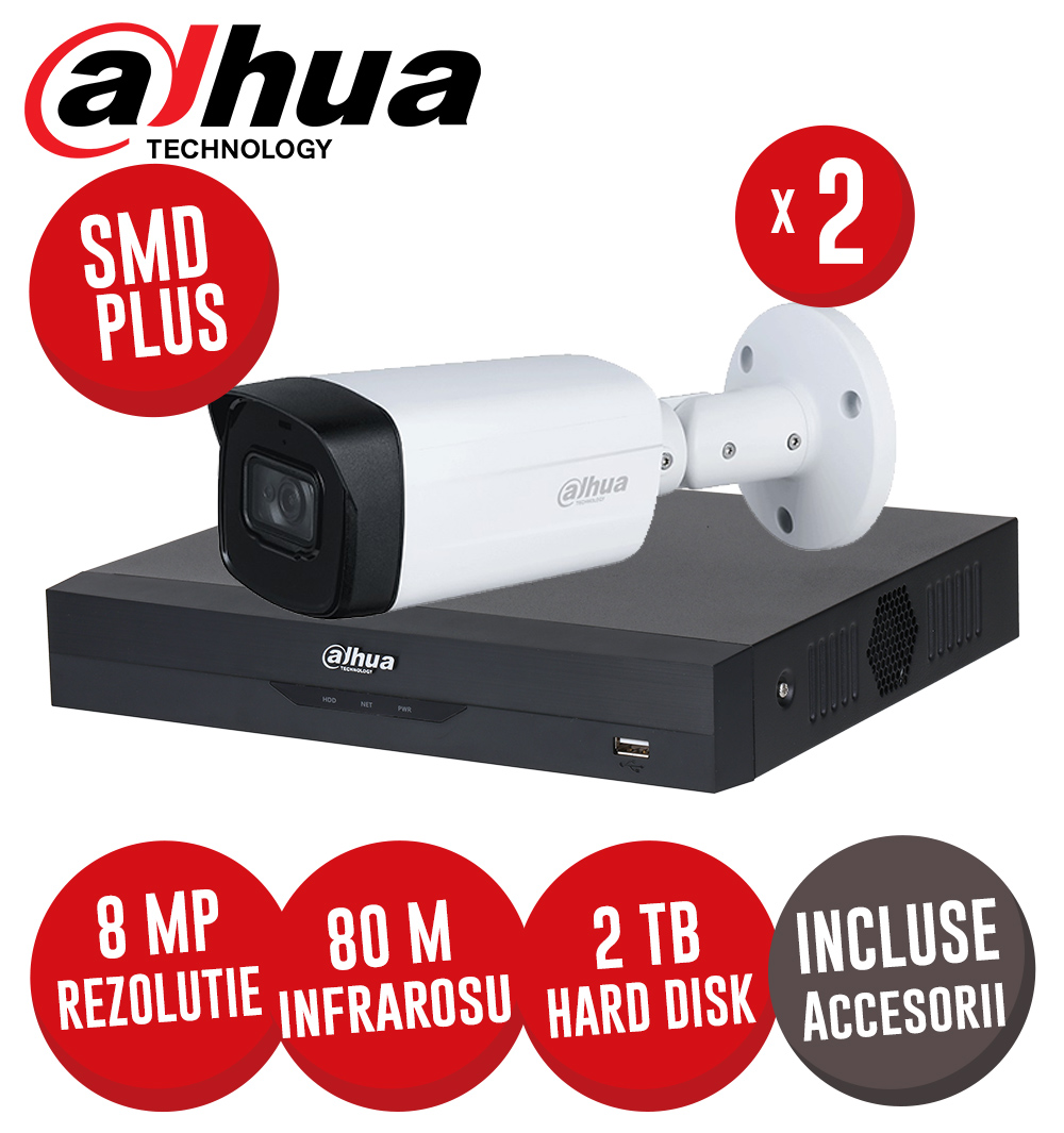 Pachet DVR 4 canale 8MP si 2 camere 8MP, IR 80m, SMD Plus, WizSense, cu accesorii -  KIT318