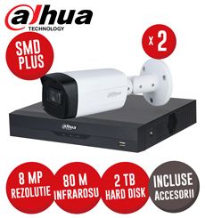 Pachet DVR 4 canale 8MP si 2 camere 8MP, IR 80m, SMD Plus, WizSense, cu accesorii -  KIT318