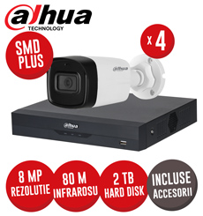 Sistem complet DVR 4 canale 8MP si 4 camere 8MP, IR 80m, SMD+, Audio, accesorii, UTP - KIT319