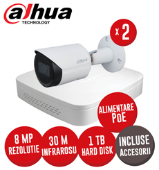 Sistem complet NVR 4 canale, 2 camere IP 8 MP, IR 30m, HDD, accesorii, alimentare PoE - KIT320