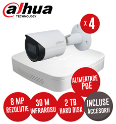 Sistem complet NVR 4 canale 8MP, 4 camere IP 8 MP, IR 30m, HDD, accesorii, alimentare PoE - KIT321