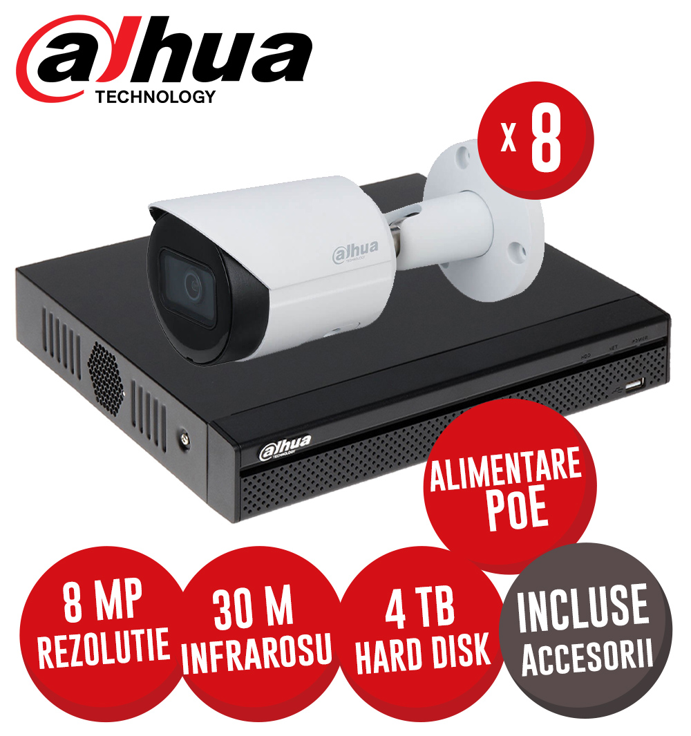 Sistem complet NVR 8 canale 8MP, 8 camere IP 8 MP, IR 30m, HDD, accesorii, alimentare PoE - KIT322