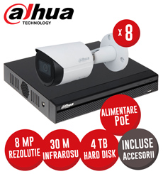 Sistem complet NVR 8 canale 8MP, 8 camere IP 8 MP, IR 30m, HDD, accesorii, alimentare PoE - KIT322