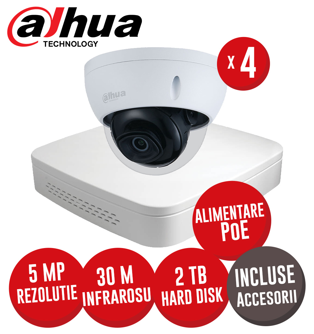 Sistem complet NVR 4 canale 8MP, 4 camere IP 5 MP, IR 30m, HDD, accesorii, alimentare PoE - KIT324