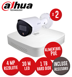 Sistem complet NVR 4 canale 8MP, 2 camere IP 4MP, LED 30m, alimentare PoE, HDD, accesorii - KIT326