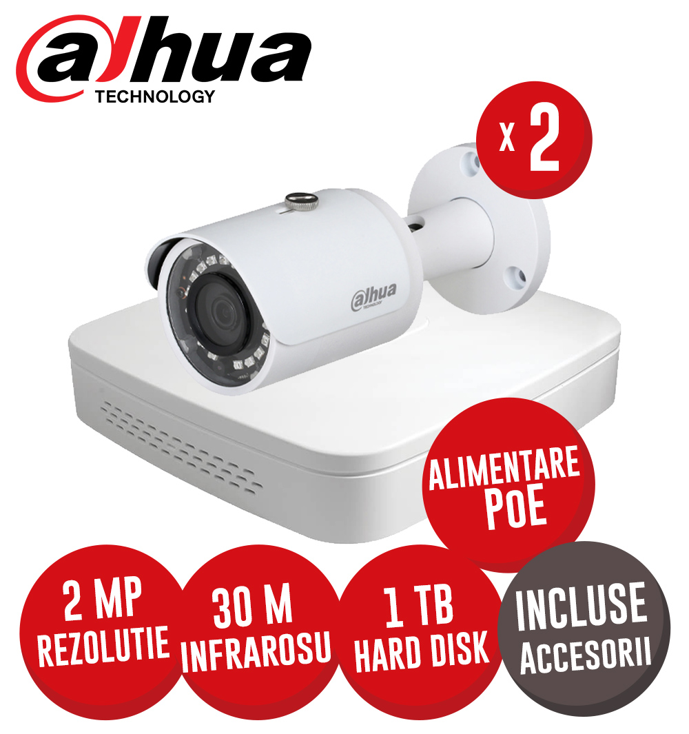 Sistem complet NVR 4 canale 8MP, 2 camere IP 2MP, IR 30m, alimentare PoE, HDD, accesorii - KIT327