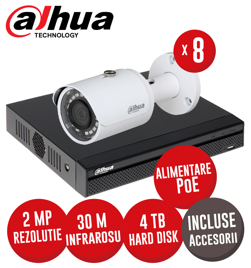Sistem complet NVR 8 canale 8MP, 8 camere IP 2MP, IR 30m, alimentare PoE, HDD, accesorii - KIT329
