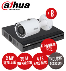 Sistem complet NVR 8 canale 8MP, 8 camere IP 2MP, IR 30m, alimentare PoE, HDD, accesorii - KIT329