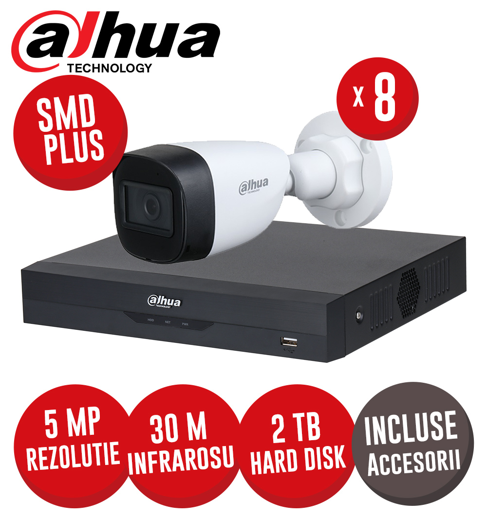 Sistem complet DVR 8 canale 5MP, 8 camere 5MP, IR 30m, WizSense, accesorii, cablu coaxial - KIT345