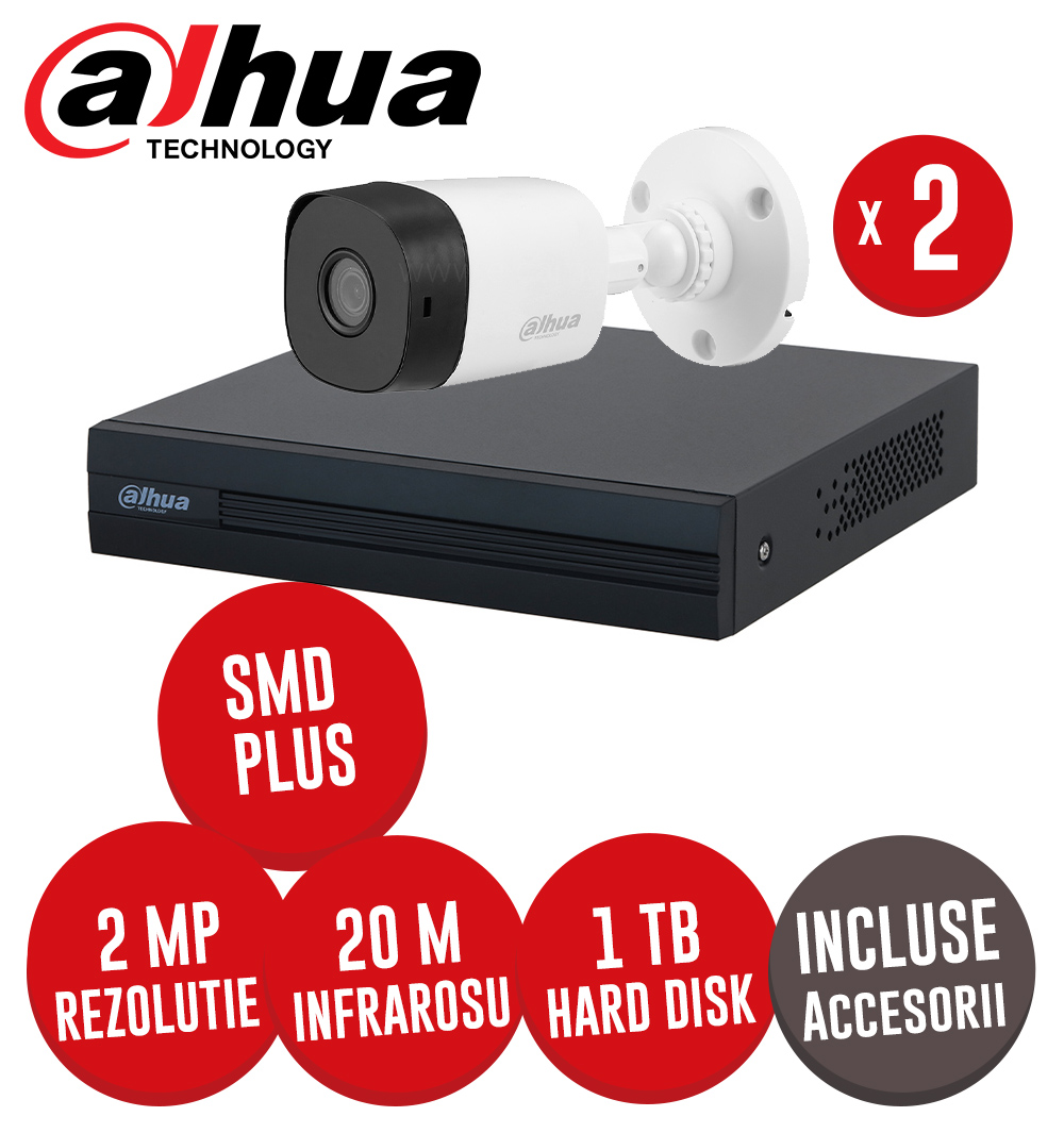 Sistem complet DVR 4 canale 2MP Lite, 2 camere 2MP, include accesorii, cablu coaxial - KIT335