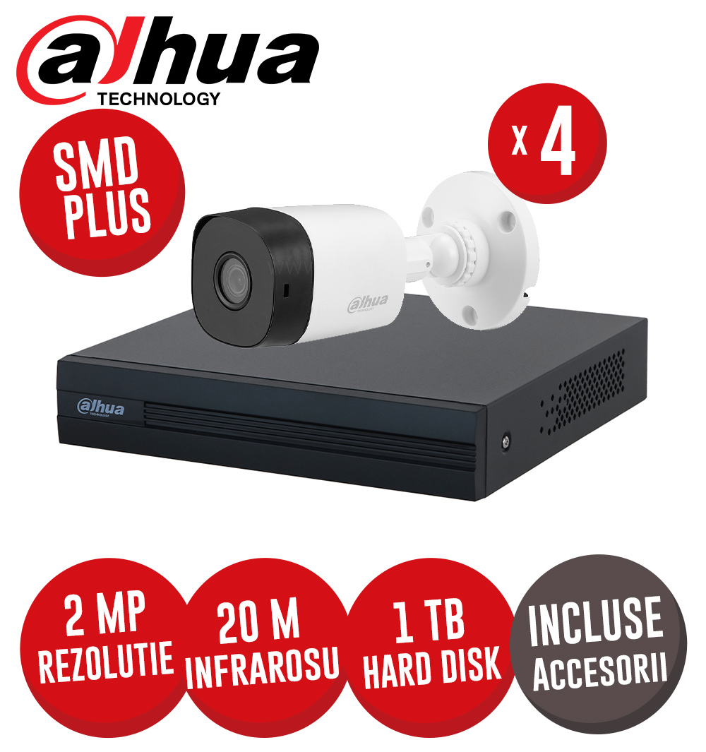 Sistem complet DVR 4 canale 2MP Lite, 4 camere 2MP, include accesorii, cablu coaxial -  KIT336