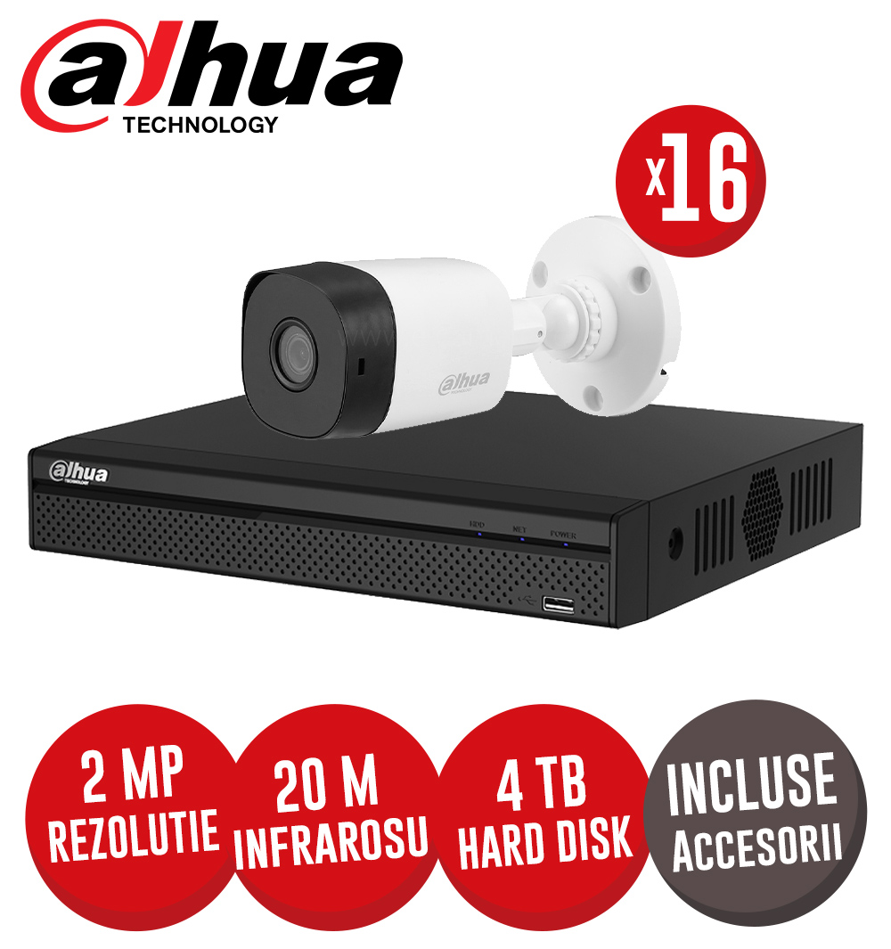Sistem complet DVR 16 canale 5MP Lite, 16 camere 2MP, include accesorii, cablu coaxial - KIT338