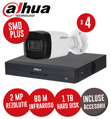 Sistem complet DVR 4 canale, 4 camere 2MP, IR 80m, accesorii, SMD+, cablu UTP - KIT348