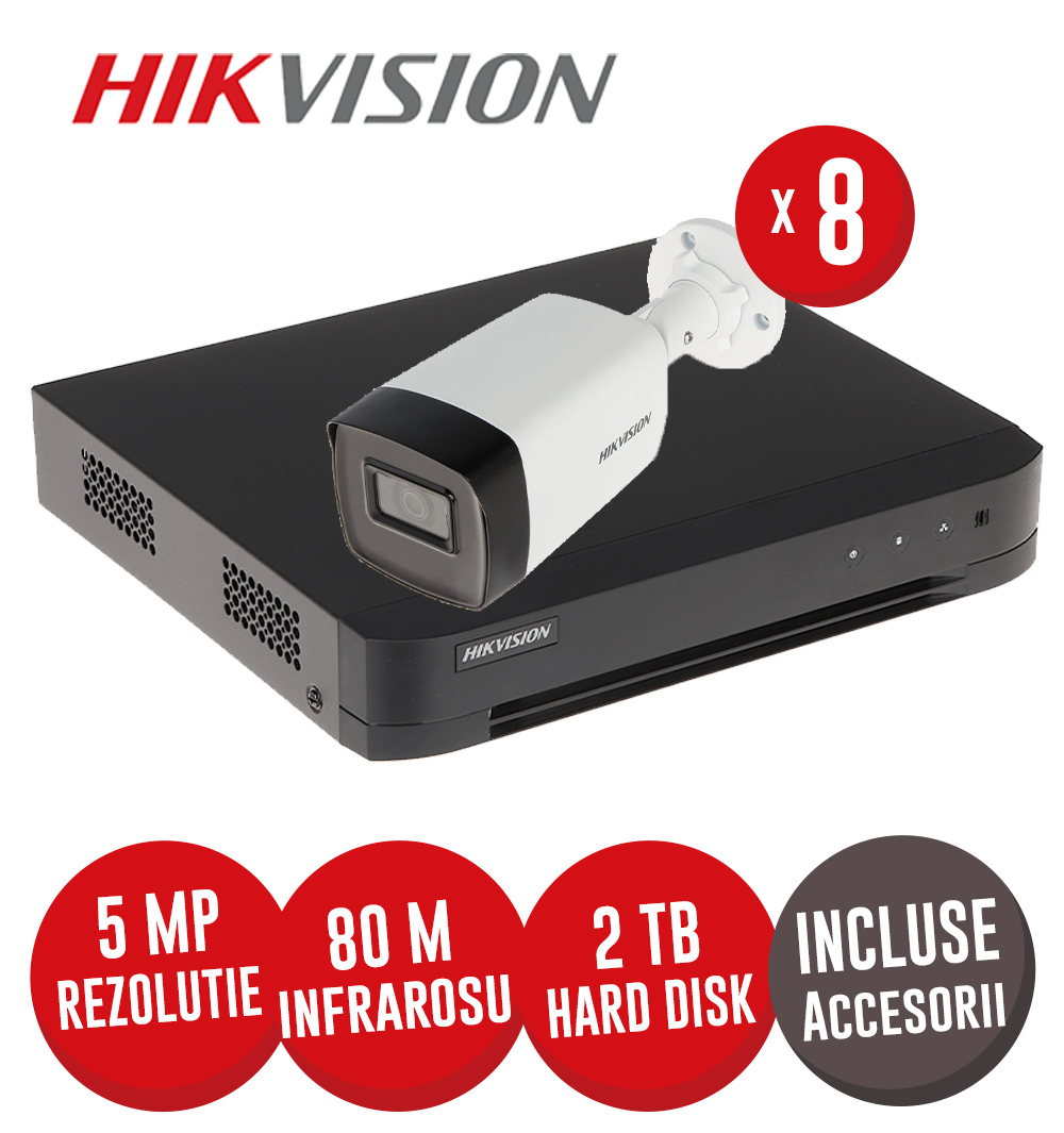 Sistem complet DVR 8 canale 8MP si 8 camere 5MP, AcuSense, accesorii, cablu coaxial - KIT376