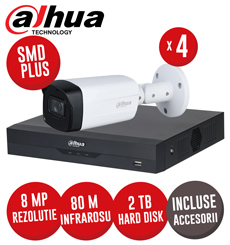 Sistem complet DVR 4 canale 8MP si 4 camere 8MP, IR 80m, SMD+, accesorii, coaxial - KIT381