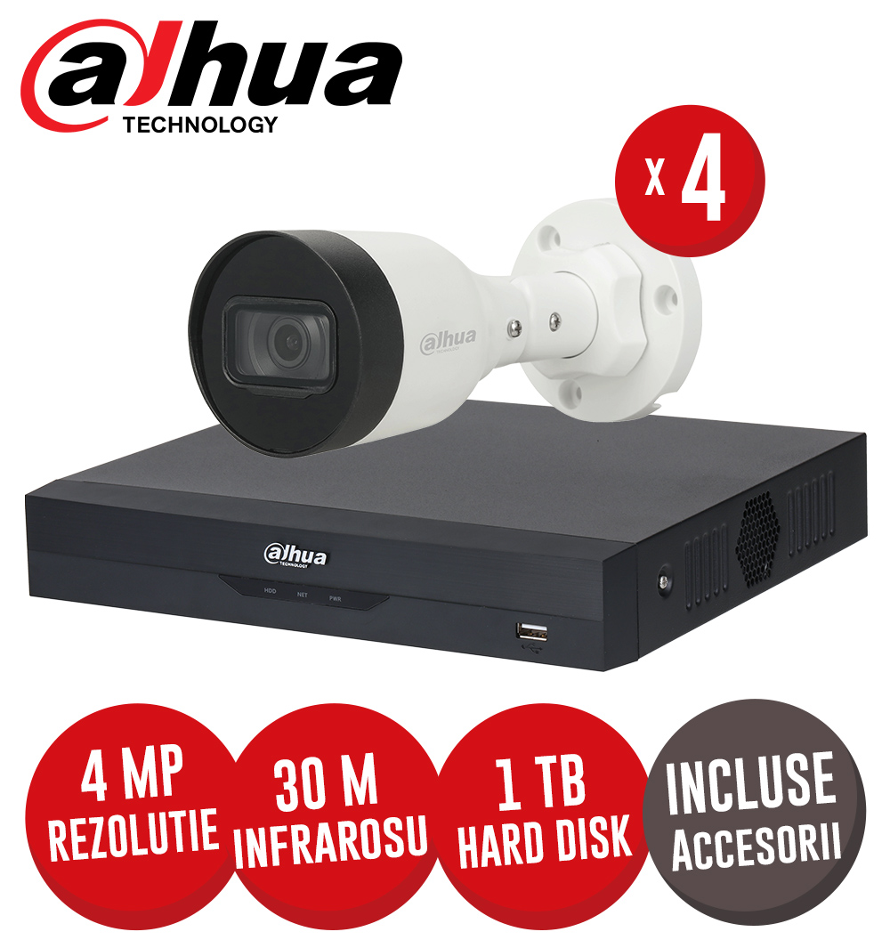 Sistem complet NVR 4 canale 8MP, 4 camere IP 4 MP, HDD, accesorii, cablu, PoE - KIT384