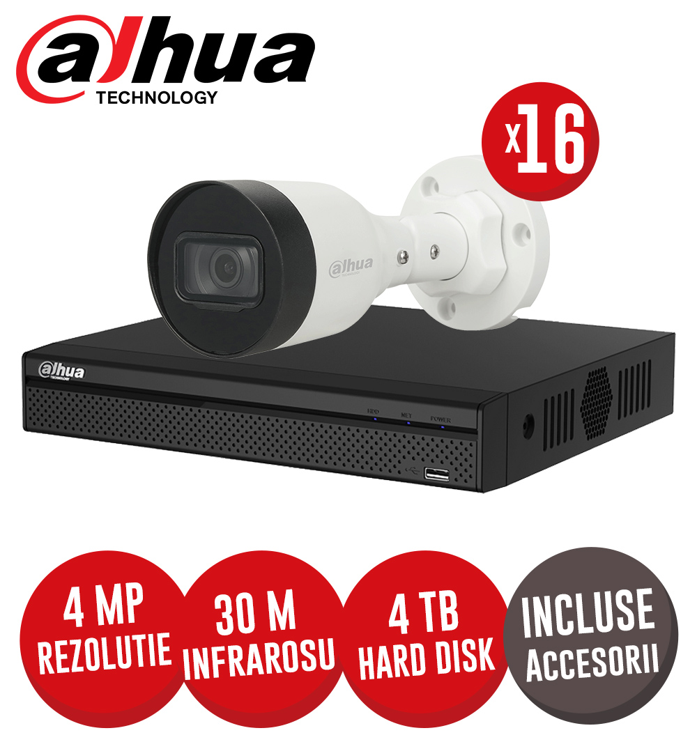 Sistem complet NVR 16 canale 8MP, 16 camere IP 4 MP, HDD, accesorii, cablu, PoE - KIT386