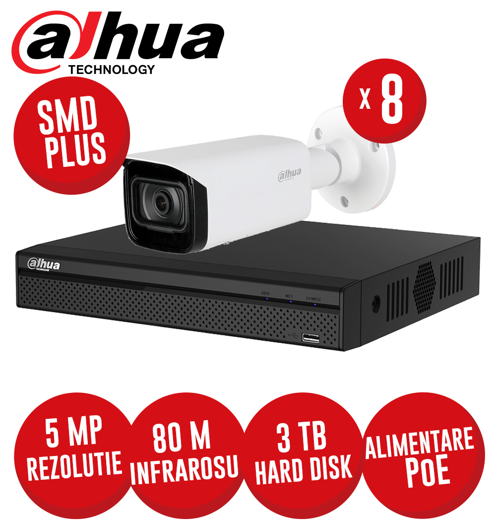 Kit NVR 8 canale 8MP, 8 camere IP 5 MP, IR 80m, HDD, conexiune PoE, SMD+ - KIT392