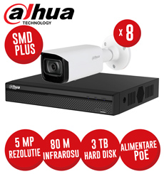 Kit NVR 8 canale 8MP, 8 camere IP 5 MP, IR 80m, HDD, conexiune PoE, SMD+ - KIT392