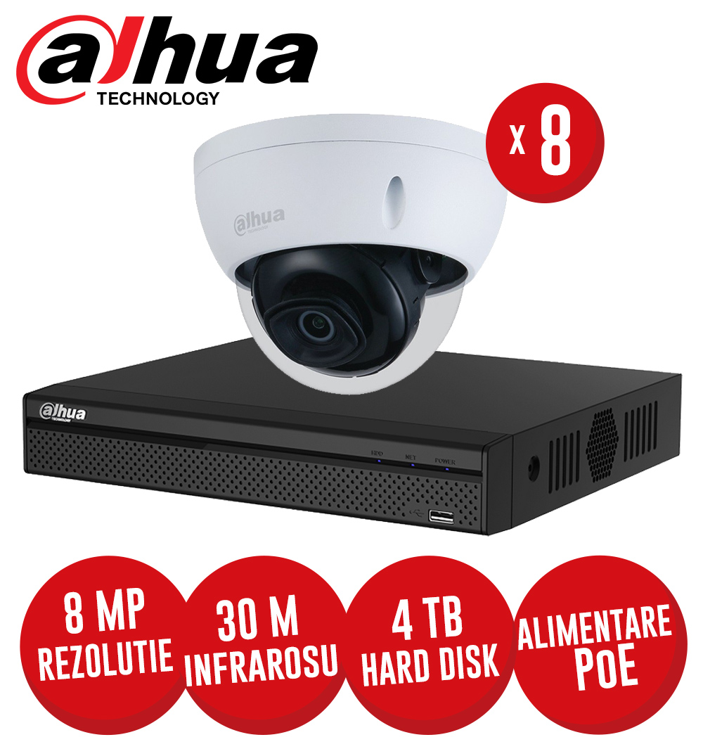 Kit NVR 8 canale 8MP, 8 camere dome IP 8 MP, IR 30m, HDD, conexiune PoE, IVS - KIT393
