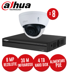 Kit NVR 8 canale 8MP, 8 camere dome IP 8 MP, IR 30m, HDD, conexiune PoE, IVS - KIT393