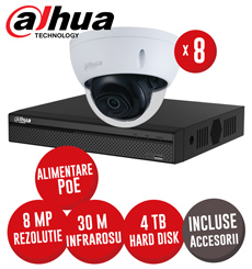 Sistem NVR 8 canale 8MP, 8 camere dome IP 8 MP, IR 30m, HDD, accesorii, cabluri, PoE, IVS - KIT394