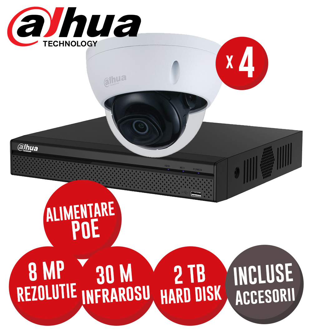 Sistem NVR 4 canale 8MP, 4 camere dome IP 8 MP, IR 30m, HDD, accesorii, cabluri, PoE, IVS - KIT395