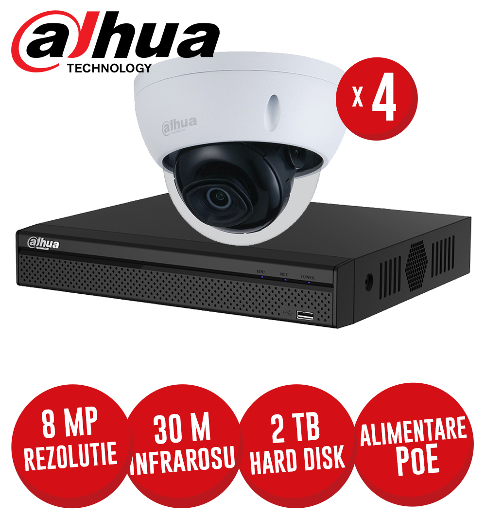 Kit NVR 4 canale 8MP, 4 camere dome IP 8 MP, IR 30m, HDD, conexiune PoE, IVS - KIT397