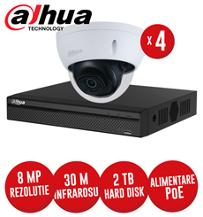 Kit NVR 4 canale 8MP, 4 camere dome IP 8 MP, IR 30m, HDD, conexiune PoE, IVS - KIT397
