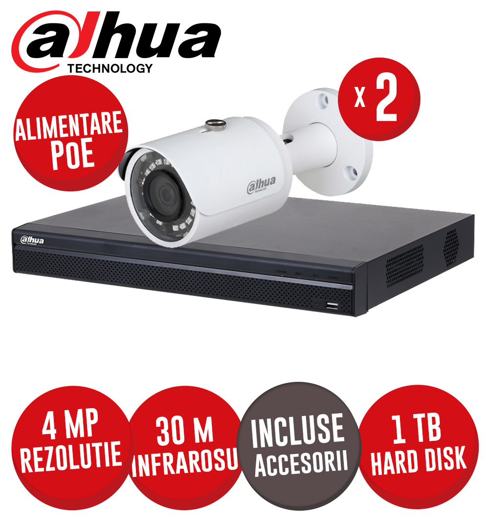 Sistem complet NVR 4 canale 8MP, 2 camere IP 4MP, HDD, accesorii, cablu, PoE - KIT398