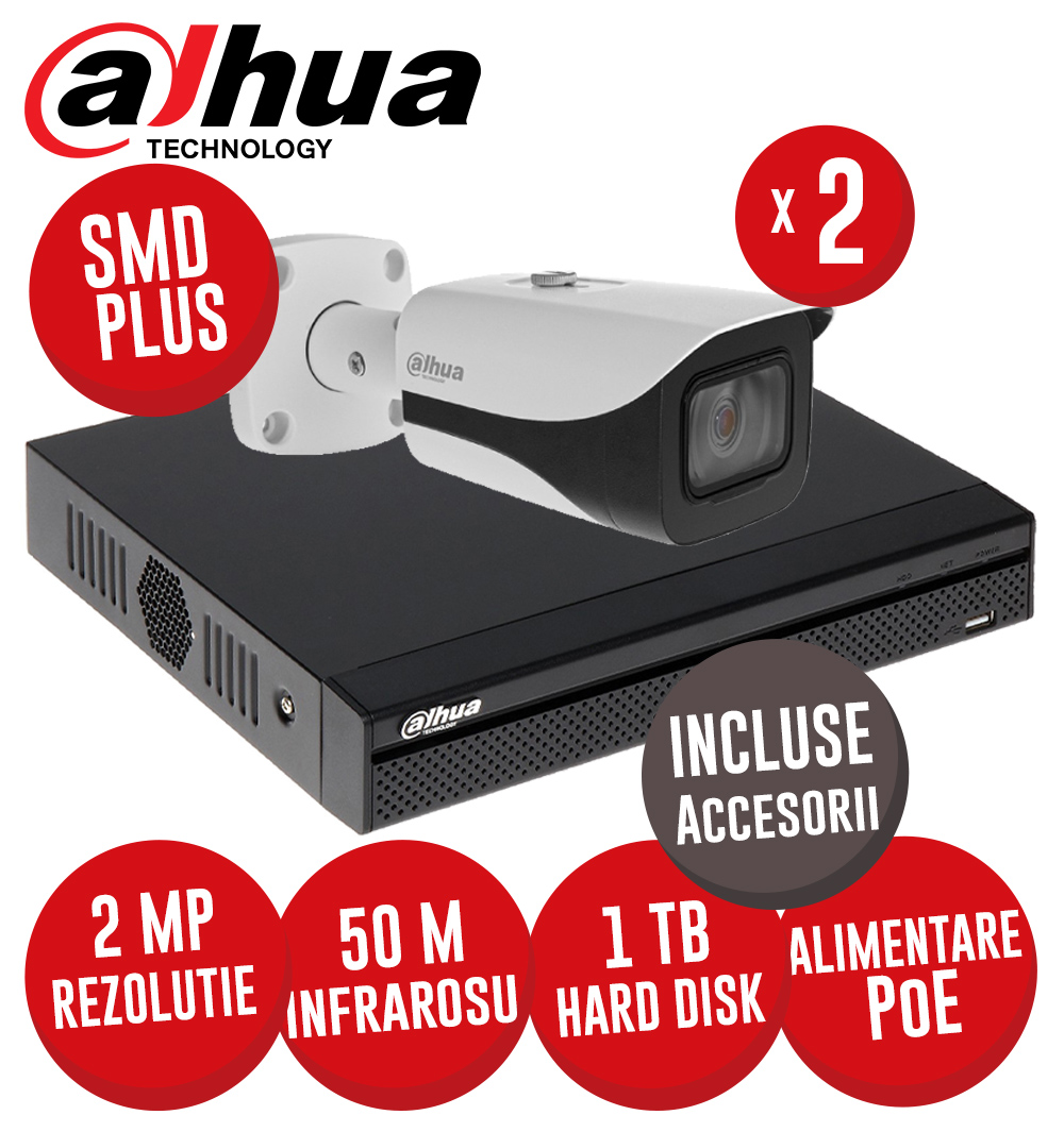 Sistem complet NVR 4 canale 8MP, 2 camere IP 2MP, IR 50m, alimentare PoE, HDD, accesorii - KIT399
