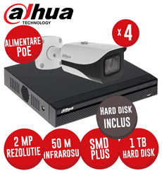 Kit NVR 4 canale 8MP, 4 camere IP 2MP, IR 50m, alimentare PoE, HDD - KIT401